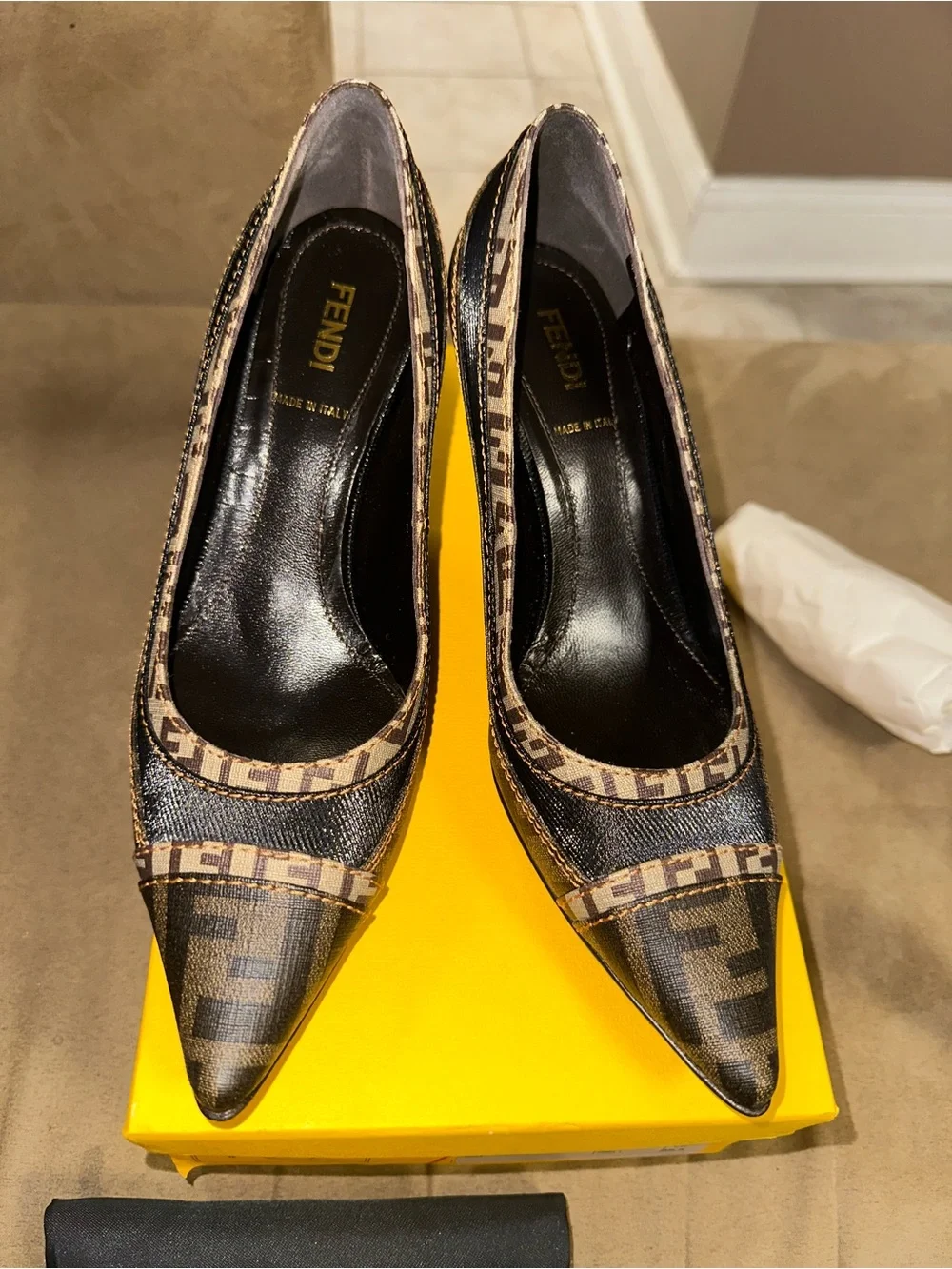 Fendi Brown Monogram Pointed-Toe Pumps with Black Trim